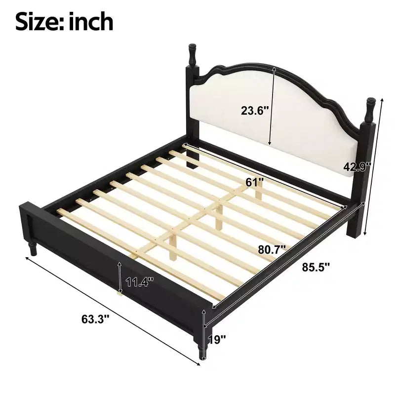 Letto a piattaforma Queen/King Size con testiera imbottita curva, telaio in legno di pino, nessuna molla necessaria