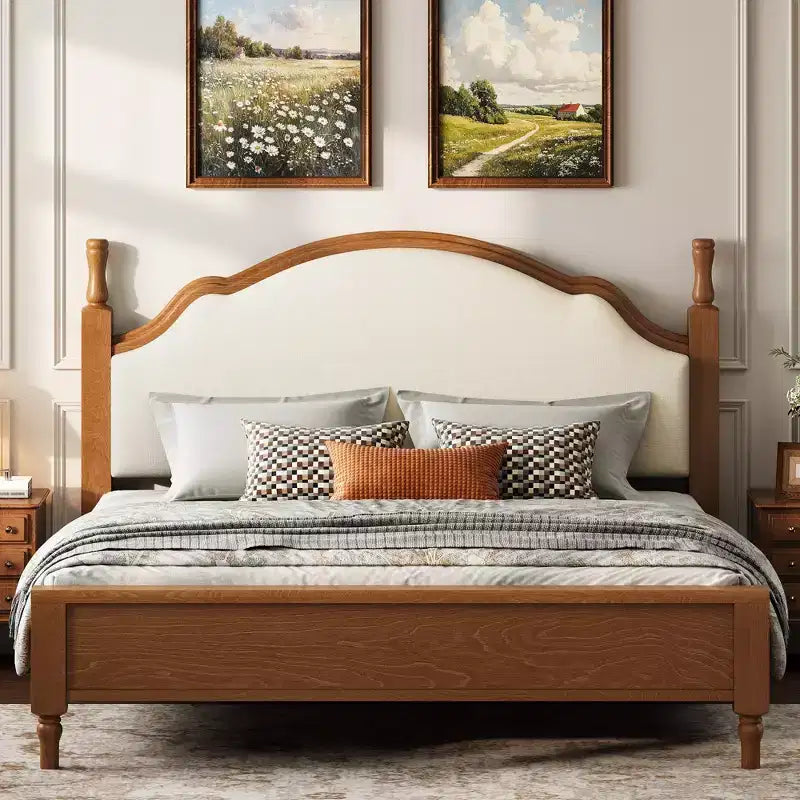 Letto a piattaforma Queen/King Size con testiera imbottita curva, telaio in legno di pino, nessuna molla necessaria