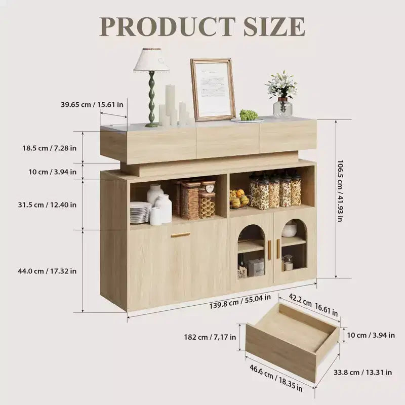 Mobile bar in legno, mobile da cucina con 3 cassetti e ripiano regolabile, credenza a buffet per sala da pranzo