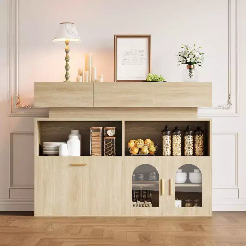 Mobile bar in legno, mobile da cucina con 3 cassetti e ripiano regolabile, credenza a buffet per sala da pranzo
