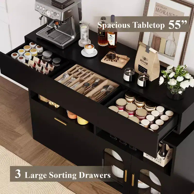 Mobile bar in legno, mobile da cucina con 3 cassetti e ripiano regolabile, credenza a buffet per sala da pranzo