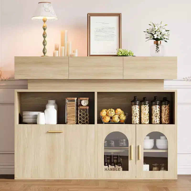 Mobile bar in legno, mobile da cucina con 3 cassetti e ripiano regolabile, credenza a buffet per sala da pranzo