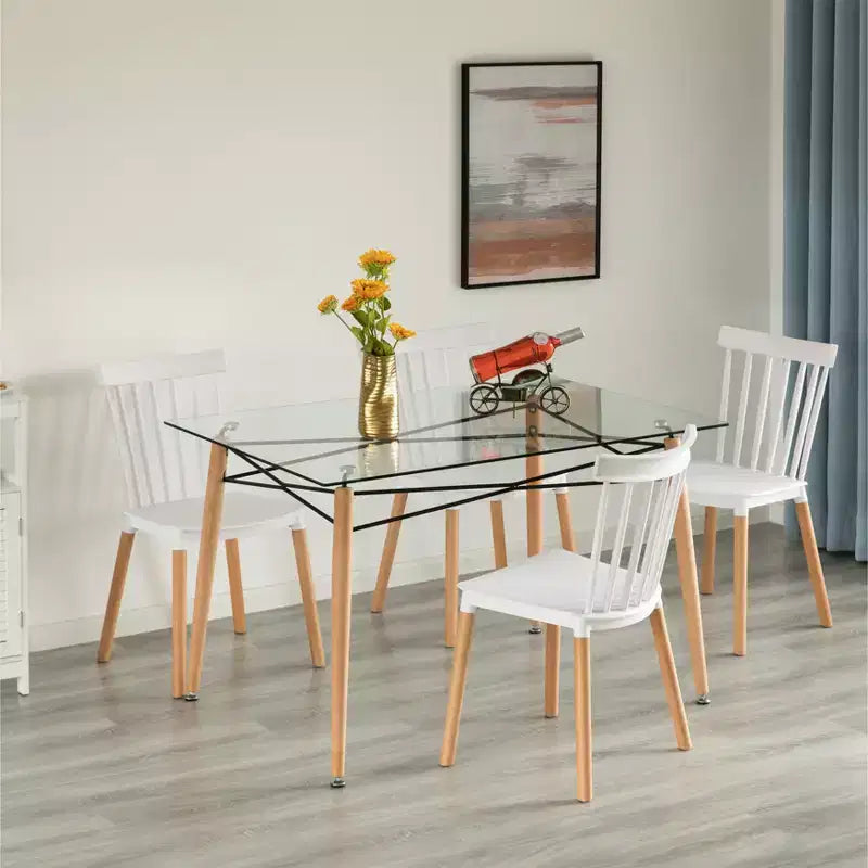 Tavolo da pranzo accentato rettangolare con piano in vetro trasparente e 4 gambe in legno massello di faggio con struttura in metallo | Tavolino da tè moderno salvaspazio per il tempo libero