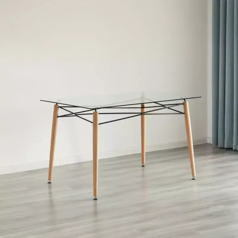 Tavolo da pranzo accentato rettangolare con piano in vetro trasparente e 4 gambe in legno massello di faggio con struttura in metallo | Tavolino da tè moderno salvaspazio per il tempo libero