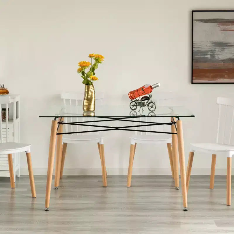 Tavolo da pranzo accentato rettangolare con piano in vetro trasparente e 4 gambe in legno massello di faggio con struttura in metallo | Tavolino da tè moderno salvaspazio per il tempo libero