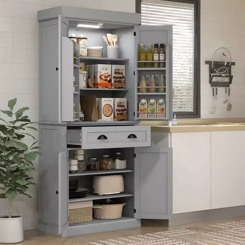 Mobile da Cucina a Dispensa a 71 LED, Mobile Alto con 6 Ripiani sullo Sportello, un Cassetto e 4 Ripiani Regolabili