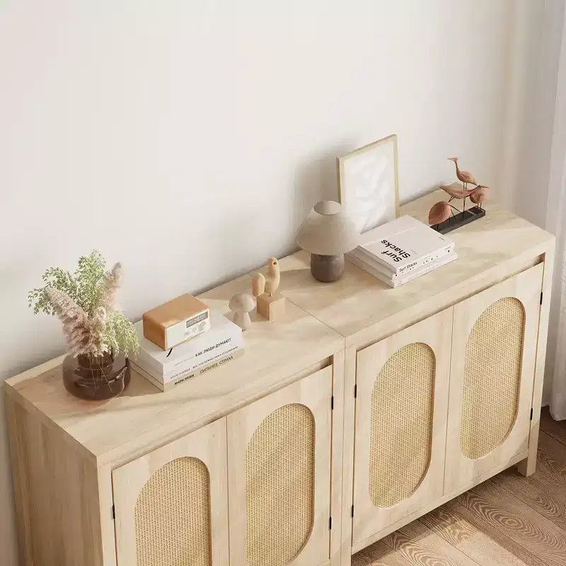 Mobile contenitore in rattan, credenza a buffet in legno con ante e ripiani, piccolo mobile console con contenitore per l'ingresso, beige