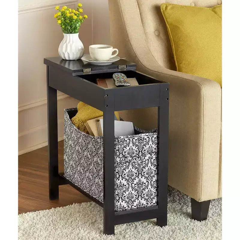Tavolino con contenitore a stampa moda - Legno con cesto in tessuto