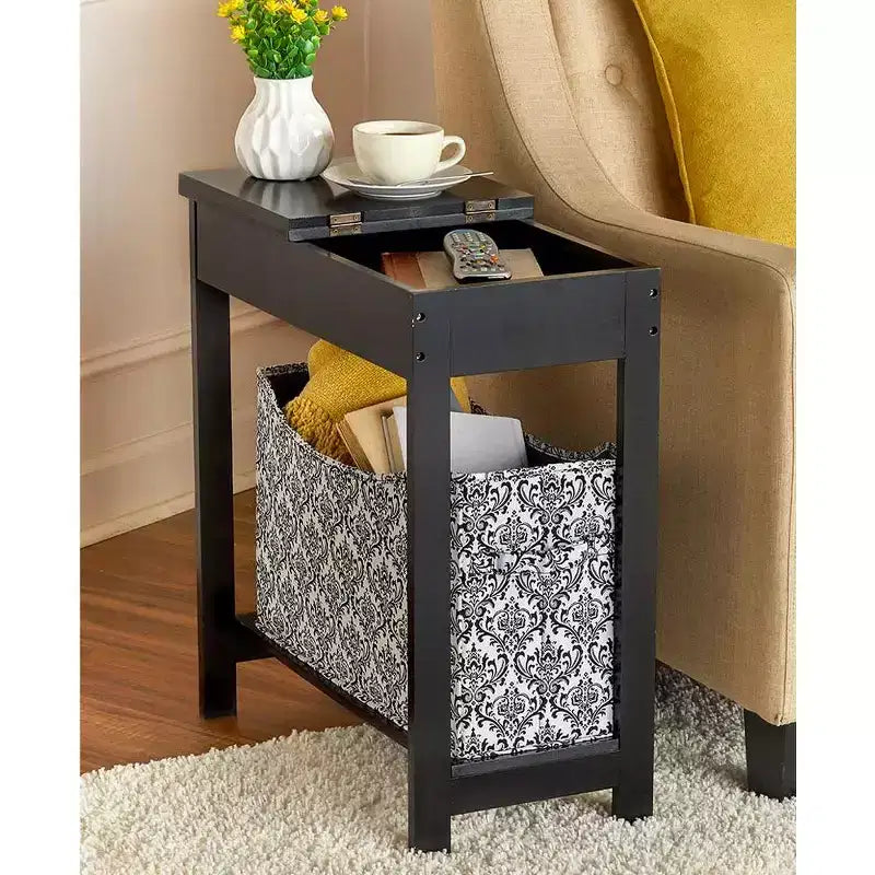 Tavolino con contenitore a stampa moda - Legno con cesto in tessuto