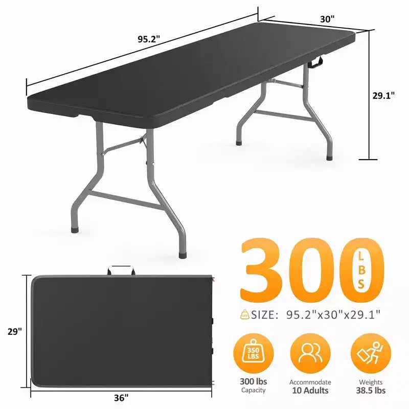 Tavolo Pieghevole Portatile 8 Piedi in Plastica HDPE per Interni ed Esterni Pieghevole a Metà Nero Posti a Sedere da 10 a 12
